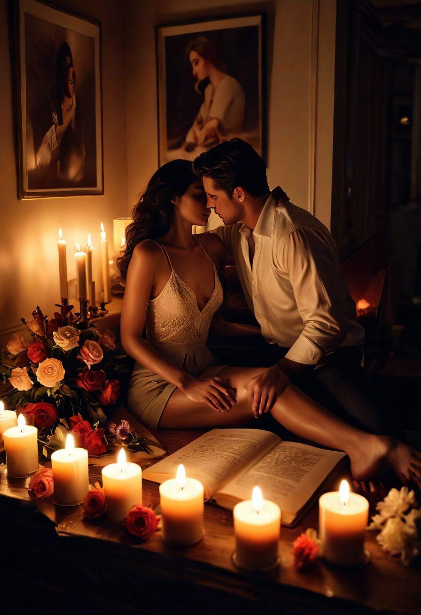 A sultry, intimate scene featuring a dimly lit room with soft shadows and warm colors, a couple sharing a passionate gaze while surrounded by romantic elements like candles and flowers. Include subtle hints of written words or pages elegantly scattered around, symbolizing the art of storytelling and desire. The overall mood should evoke seduction and connection. super-realistic. warm tones. romantic atmosphere.