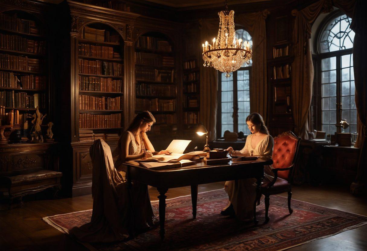 A captivating scene featuring a mysterious, dimly-lit library overflowing with books on erotic storytelling, surrounded by soft, flowing fabrics and elegant silhouettes of women. Subtle light reflections create an inviting atmosphere, drawing the viewer into a world of sensuality and intrigue. Include an antique writing desk adorned with an ornate quill and parchment to hint at the art of storytelling. super-realistic. warm tones. soft focus.
